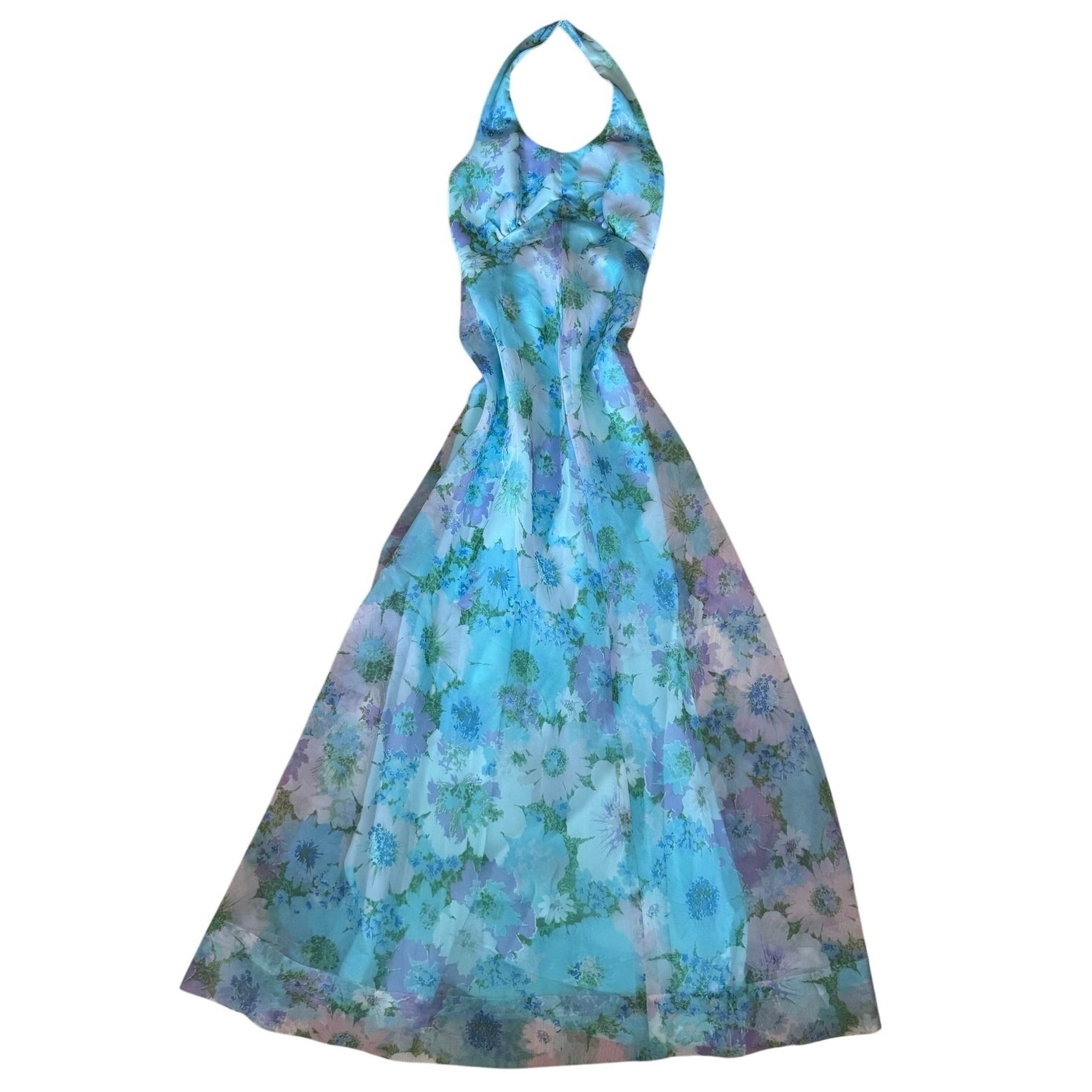 Vintage 1960s Blue Floral Halter Maxi Dress Xs/S Soft Girl Classic Feminine